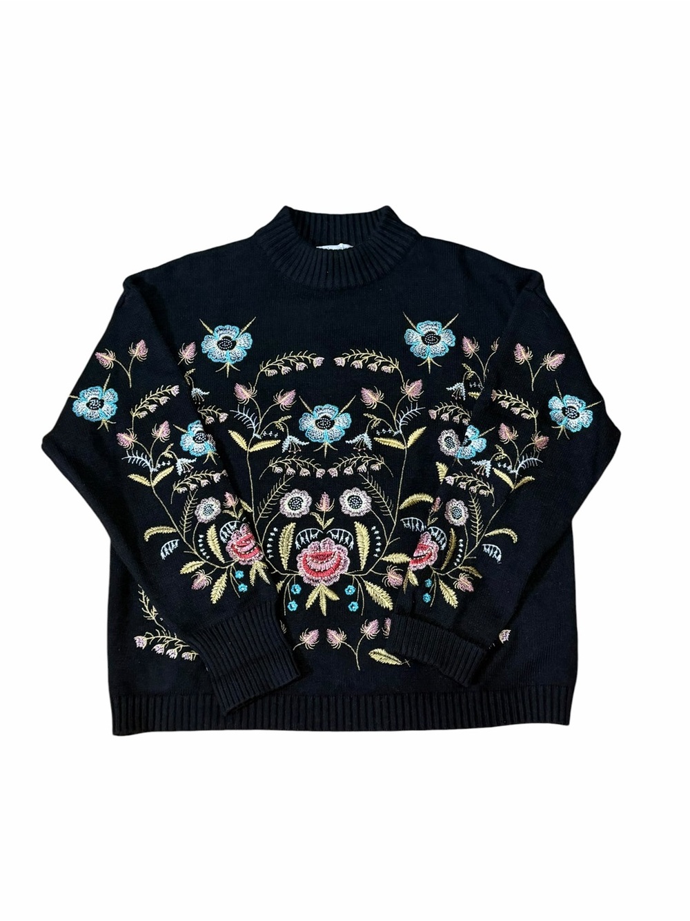 Lucy Paris Black Floral Embroidered Mock Neck Sweater Boho Folk Art Sz S